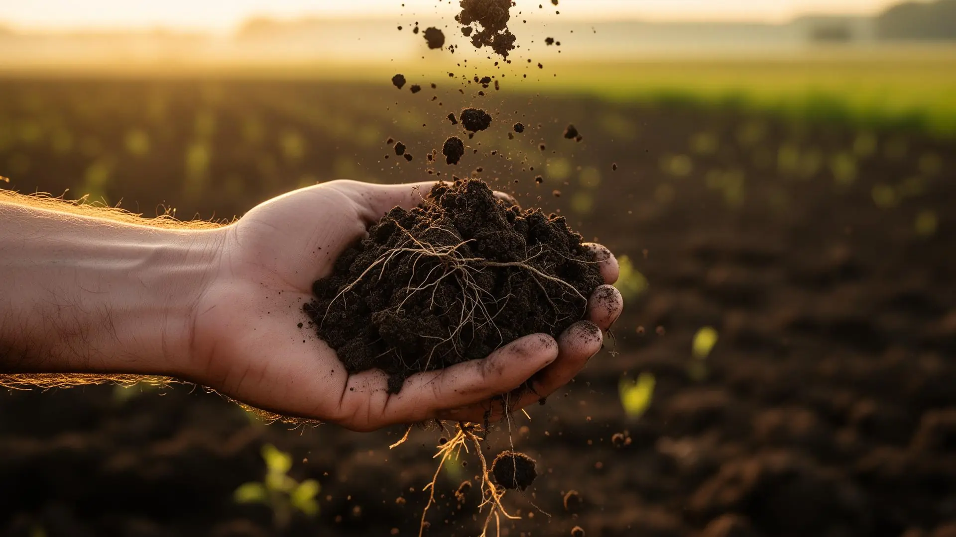 Garść żyznej polskiej gleby z widocznymi korzeniami, poranne światło nad polem