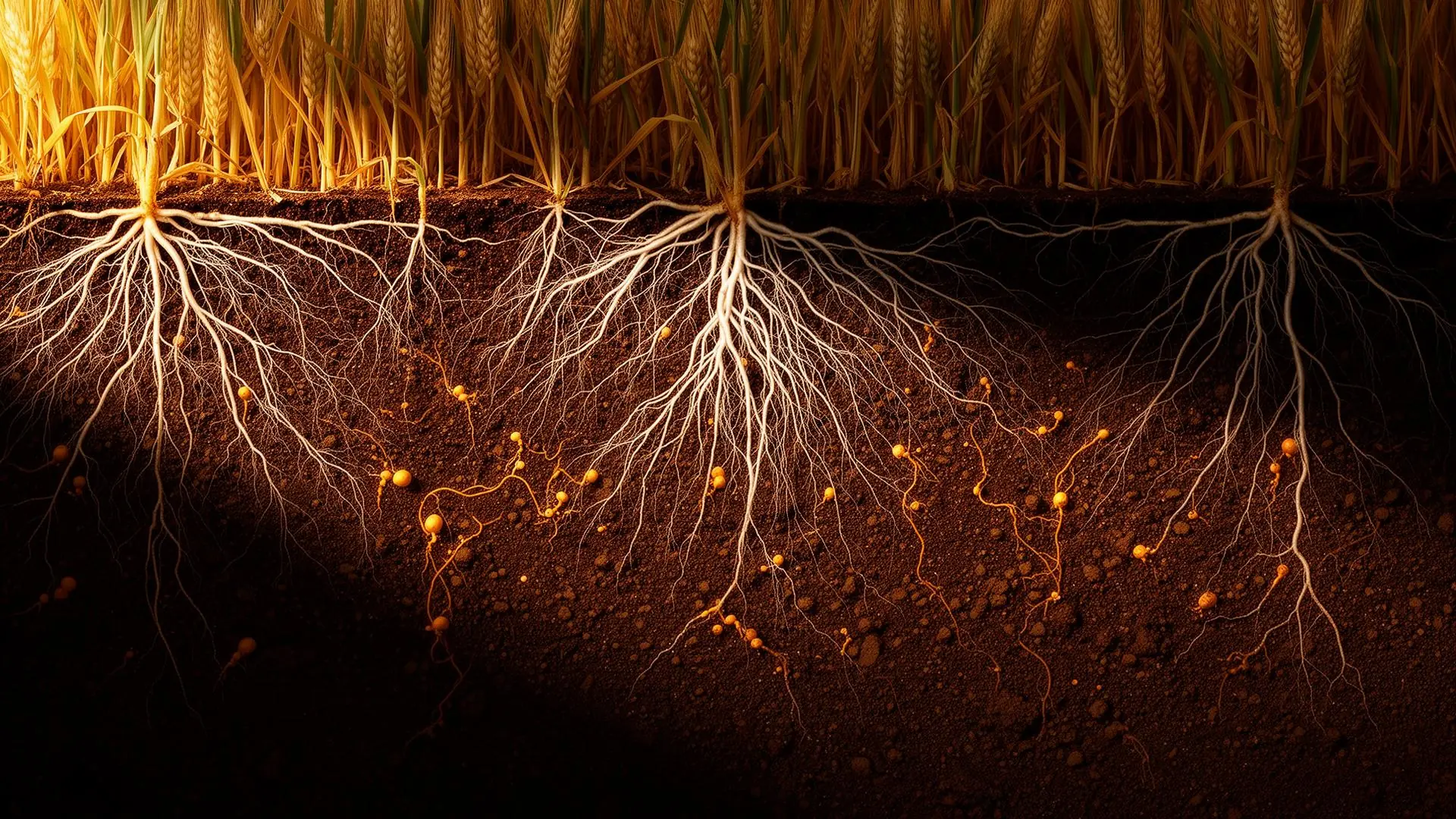 Korzenie roślin w glebie z mikoryzą