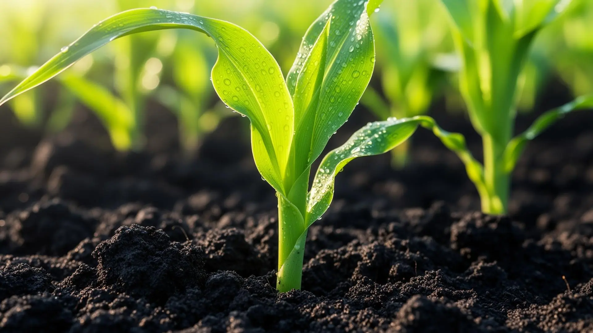 Młode siewki kukurydzy z kroplami rosy wschodzące z czarnej polskiej gleby