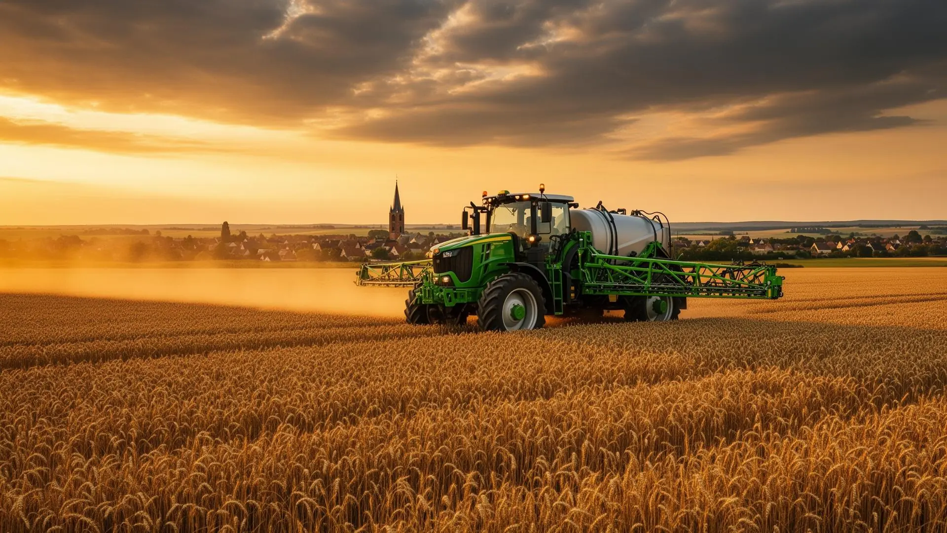 Opryskiwacz polowy aplikujący nawóz na polu pszenicy o zachodzie słońca