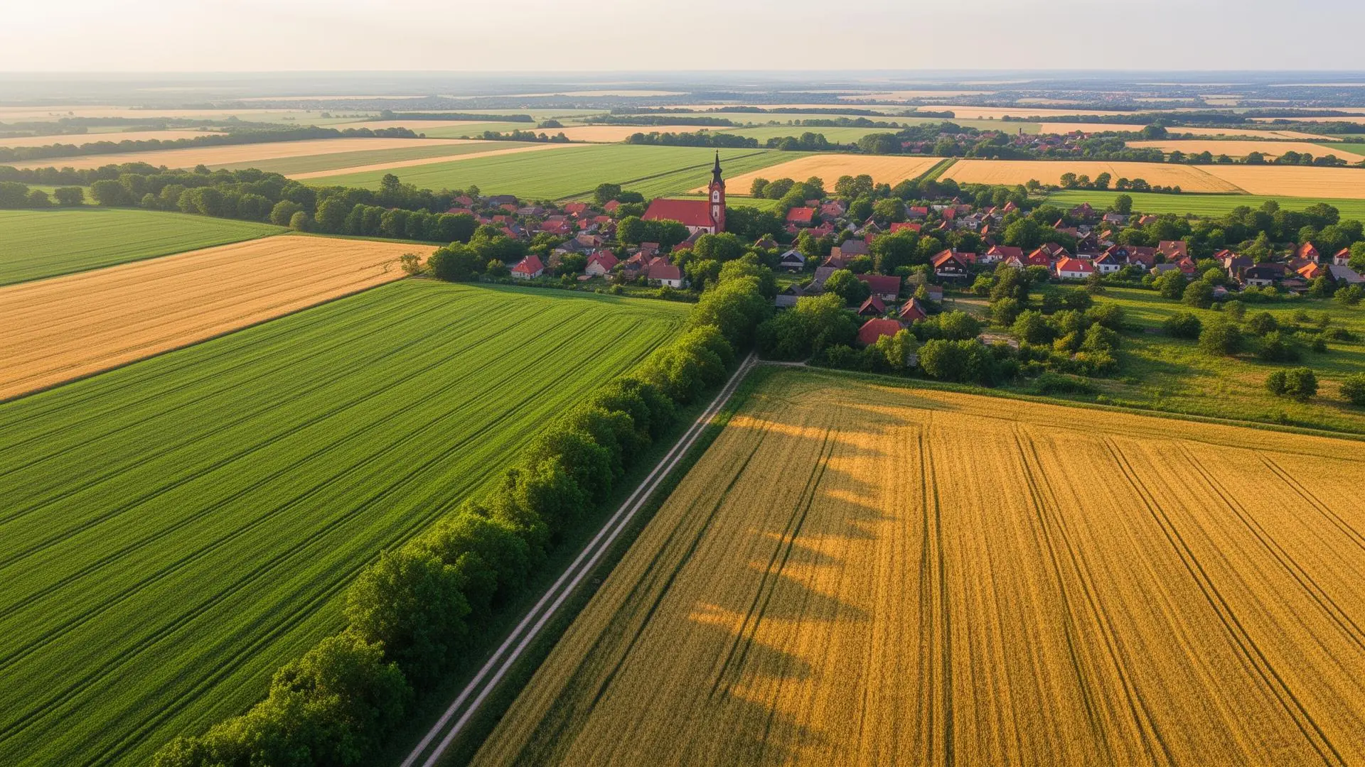 Polskie pola uprawne z lotu ptaka, mozaika zielonych i złotych łanów wokół wsi z kościołem